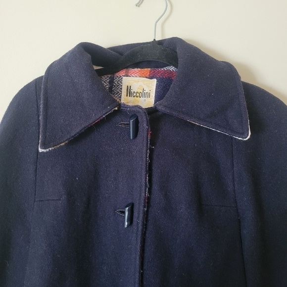 Vintage Navy Long Wool Blend Hooded Cape Coat Cloak with Plaid Blanket Lining - Picture 3 of 10
